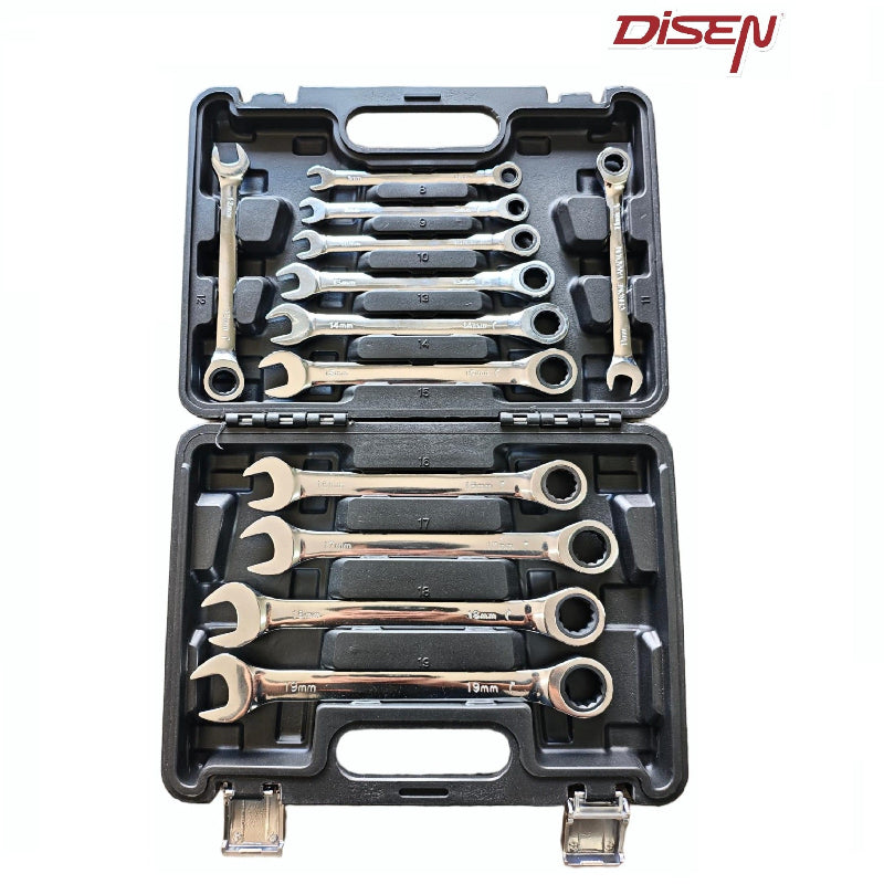 DISEN 12PCS FIXED HEAD RATCHET WRENCH BLOW CASE SET, MIRROR(8-19mm)